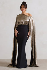 Black & Gold Metallic One Shoulder Cape Maxi Dress